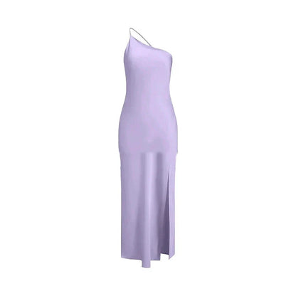 Backless Satin Slant Shoulder Solid Slit Long Dress