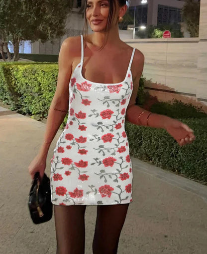 Rose Sequins Splice Sleeveless Mini Dress