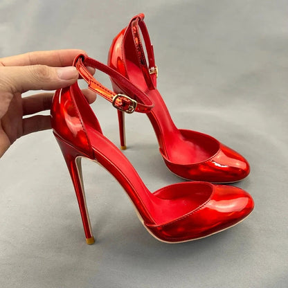 Red Black Women Ankle Buckle Round Toe High Heel Shoes for Summer