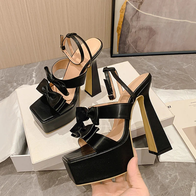 Silver Chunky High Heels Platform Sandals - Runway Style Sexy 15CM