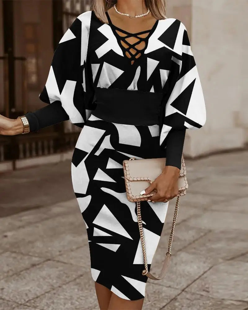 Geometric Print Lace-Up V-Neck Lantern Sleeve Ribbed Cuff Bodycon Midi Dress