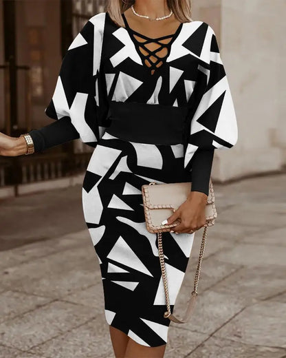 Geometric Print Lace-Up V-Neck Lantern Sleeve Ribbed Cuff Bodycon Midi Dress