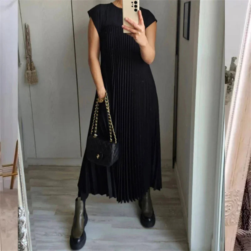Micro Pleated Round Neck Cap Sleeve A-Line Midi Dress