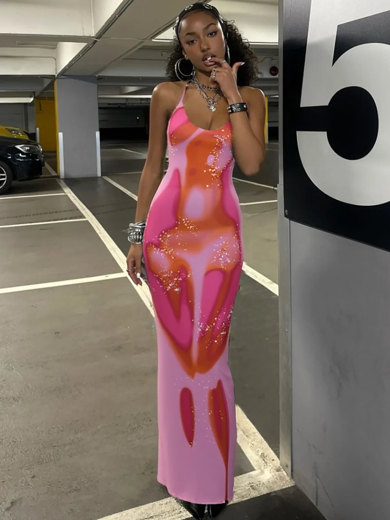 Print Halter Bandage Belt Maxi Dress