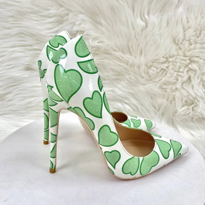 Sweetheart Print White Patent Pointy Toe High Heel Shoes for Women