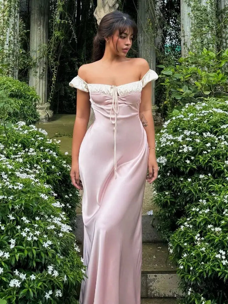 Satin Off Shoulder Ruched Sweetheart Tie Front Puff Sleeve Maxi Gown