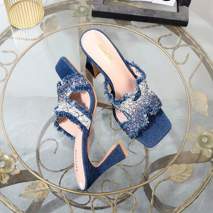 Rhinestone high-heeled slippers