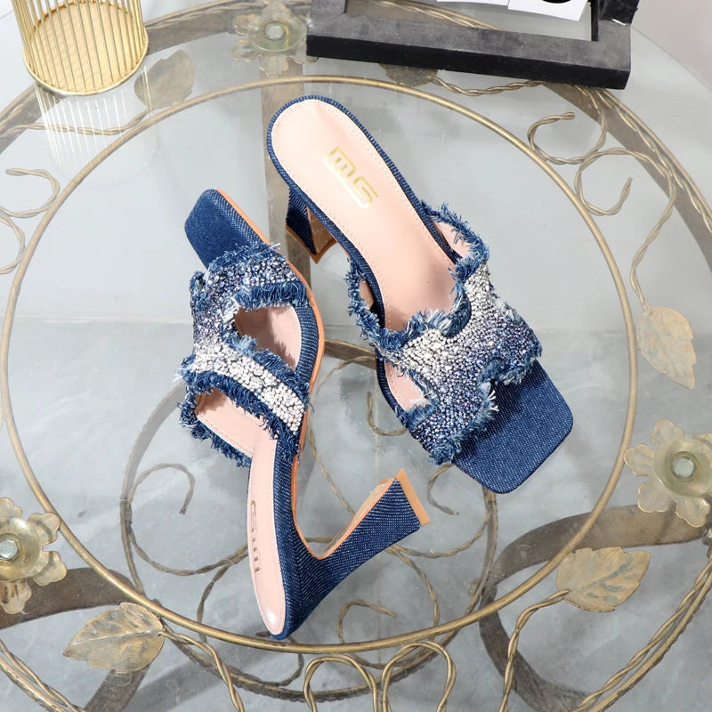Rhinestone high-heeled slippers
