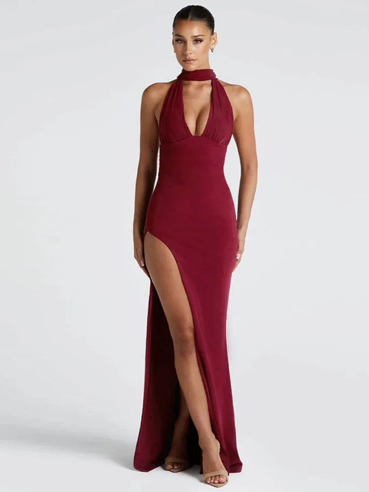 Halter Deep V Split Maxi Bodycon Dress