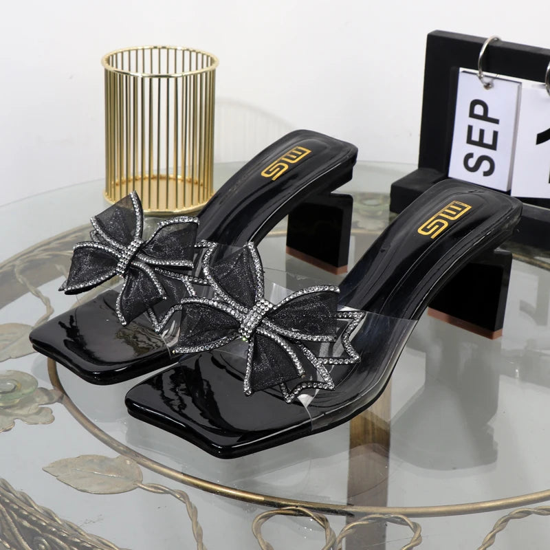 Autumn women's bow gauze elegant fashion slippers with square heel