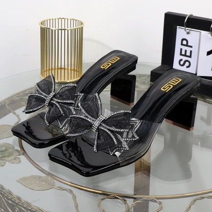 Autumn women's bow gauze elegant fashion slippers with square heel