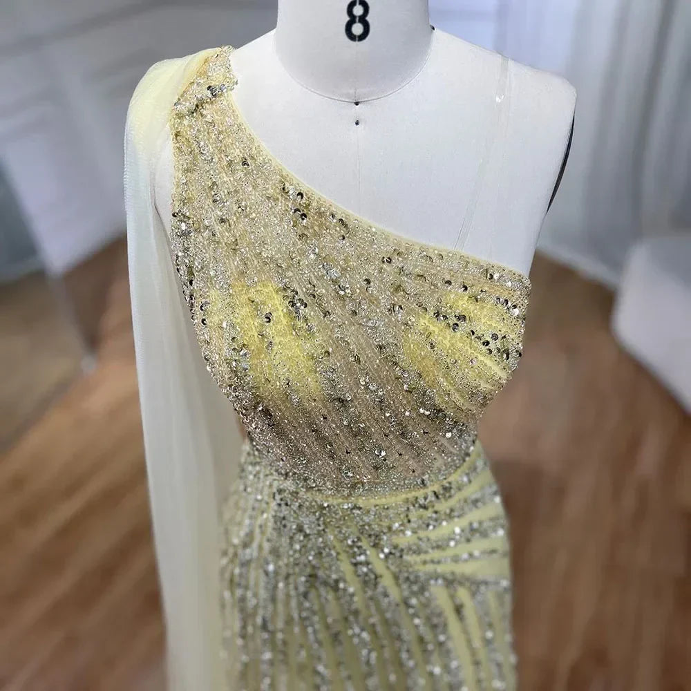 One-Shoulder Cape Sleeve Beaded Evening Dresses