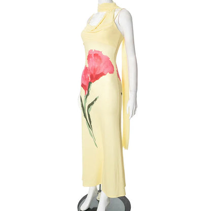 Print Yellow Spaghetti Strap Long Dress