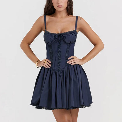 Lace Pleated Halter Bandage Mini Dress