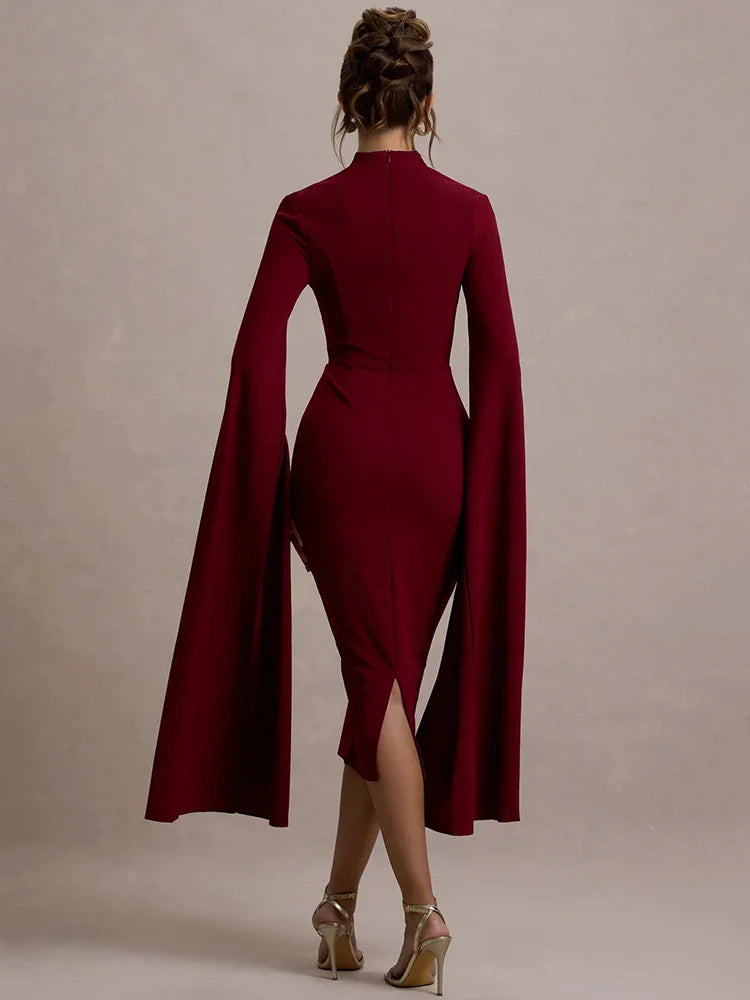 Cape Sleeve Slit Bodycon Midi Dress