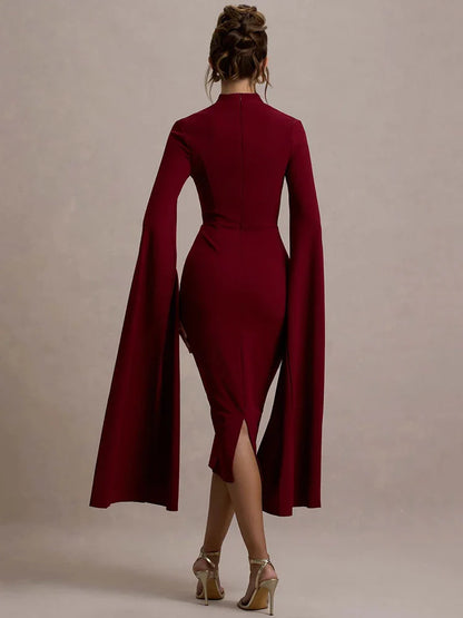 Cape Sleeve Slit Bodycon Midi Dress