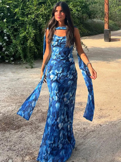 Blue Print Halter Lace-up Vacation Dress