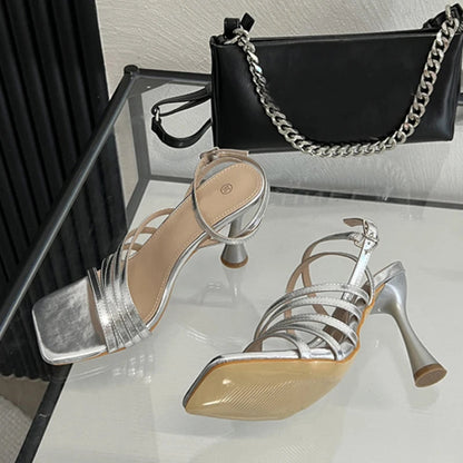 Summer Golden Silver Square Toe Sandals for Women