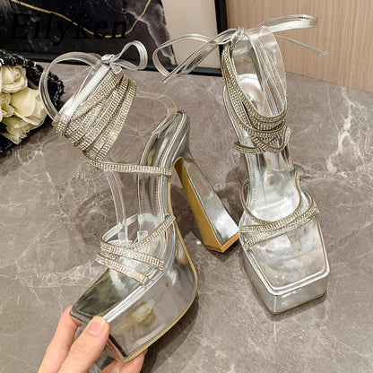 Lace-up Platform Sandals with Open Toe and High Heels for Women