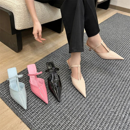 Patent Leather Hollow Out Slippers with Thin Heels and Pointed Toe for Women