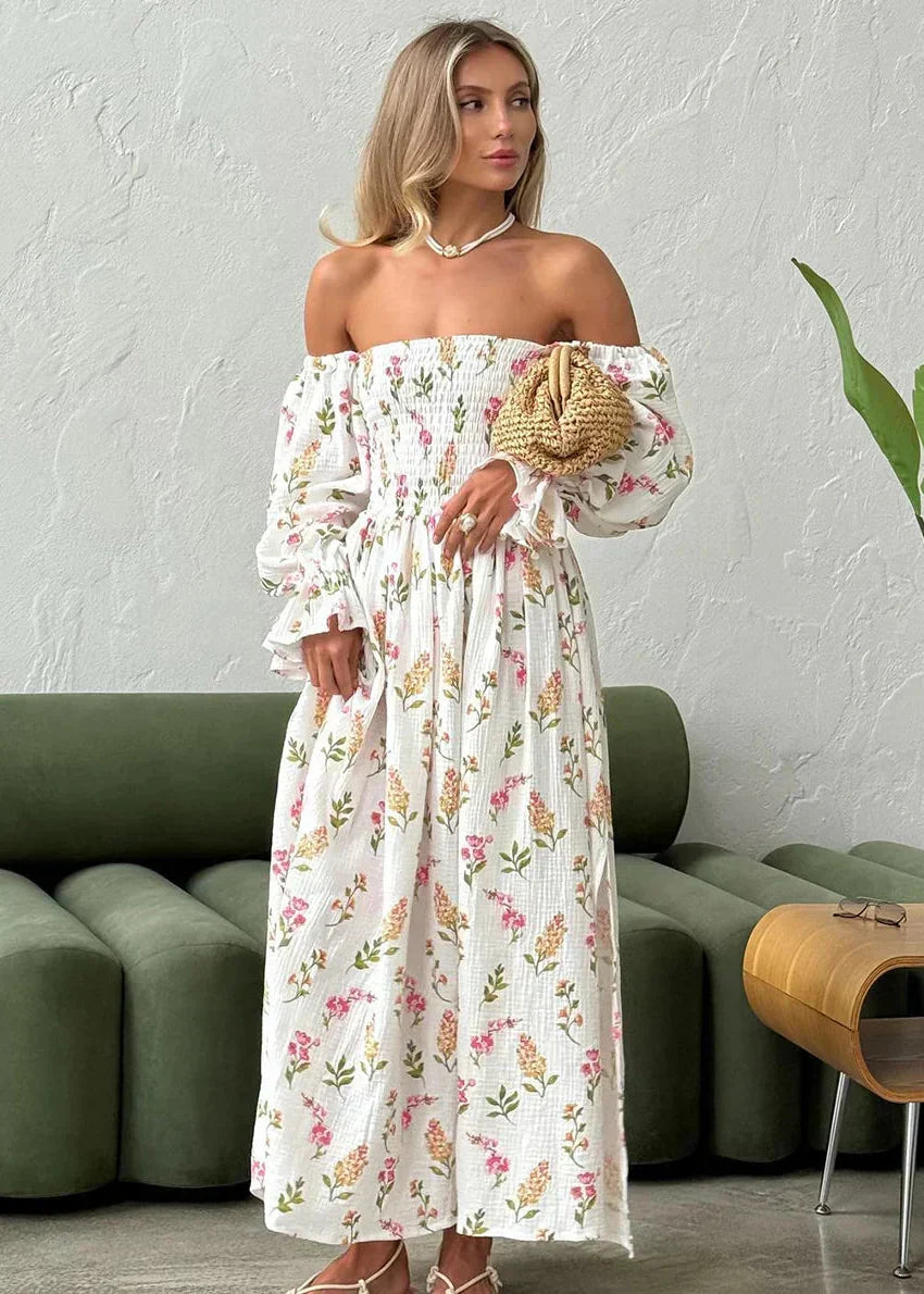 Off-Shoulder Smocked Puff Sleeve Floral Print Crinkled Midi Dress