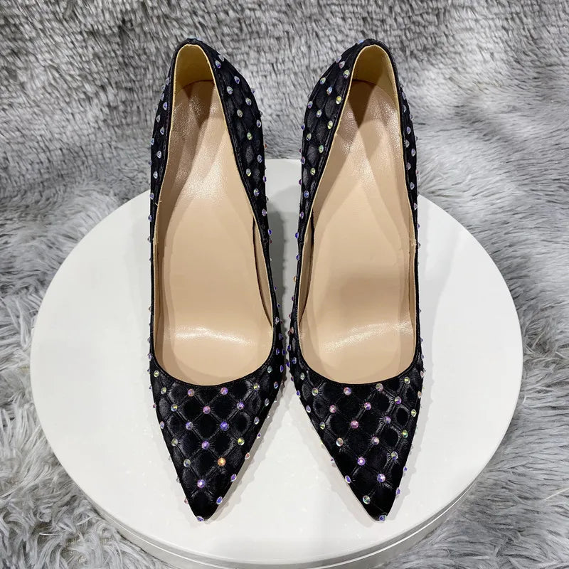 Black Plaid Fabric Pointy Toe High Heel Shoes with Rhinestones for Women