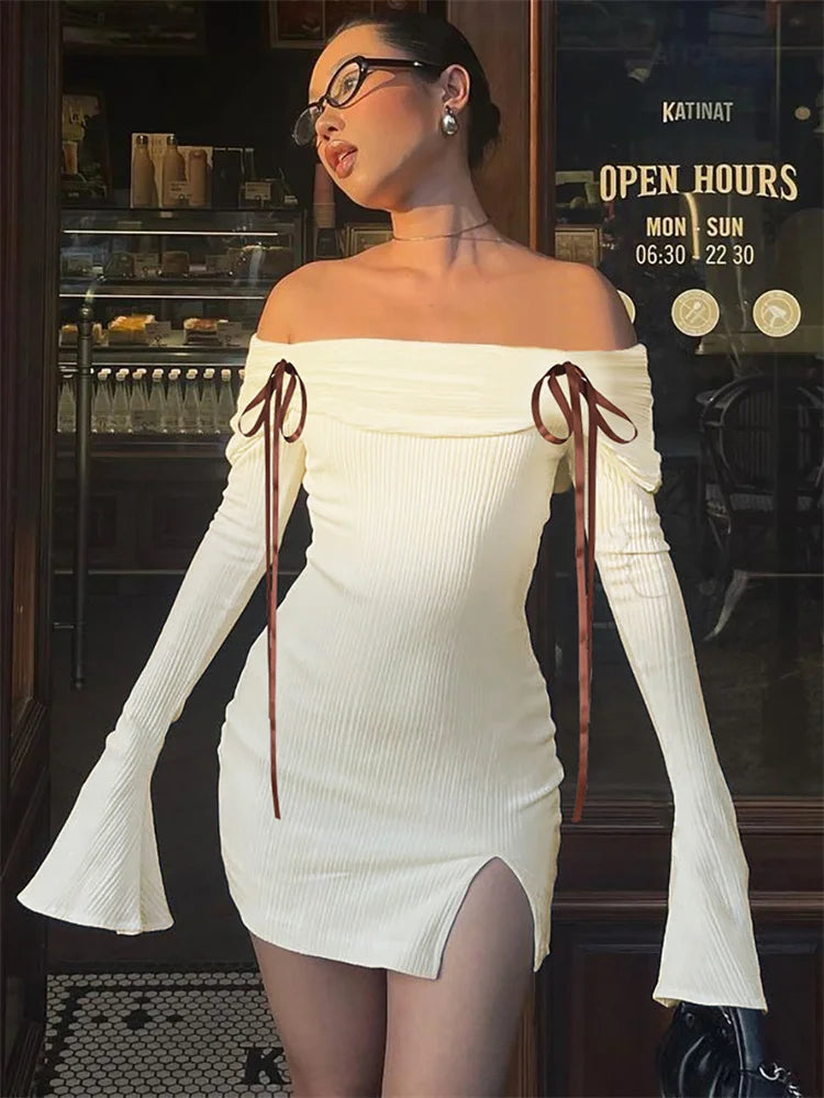 Rib Knit Off Shoulder Bow Detail Bell Sleeve Bodycon Mini Dress
