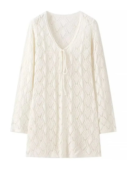 Crochet Geometric Lace Up Deep V Neck Long Sleeve Mini Dress