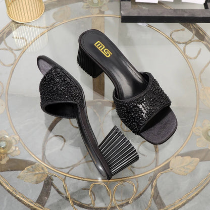 Luxurious ladies slippers with thick square head and 6cm coarse heel