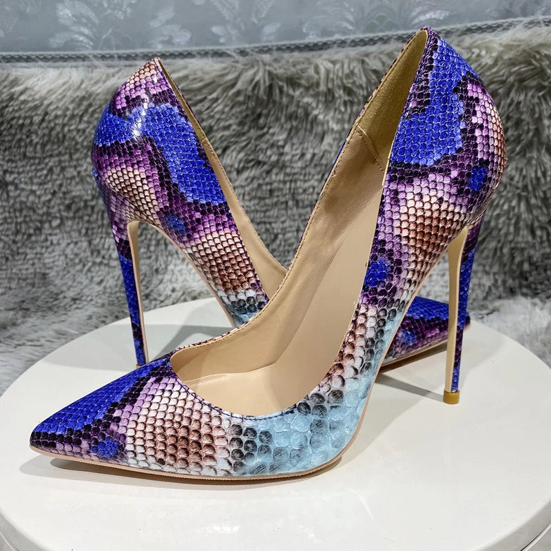 Python Pattern Blue Pointy Toe High Heel Party Shoes for Women