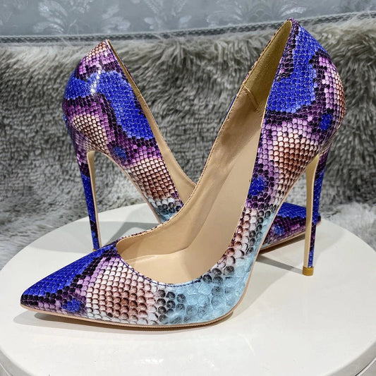 Python Pattern Blue Pointy Toe High Heel Party Shoes for Women