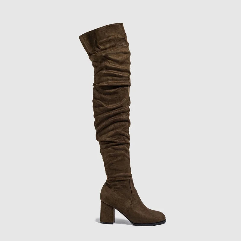 Winter Zipper Women Over-the-Knee Boots Fashion Flock Square Heel Shoes