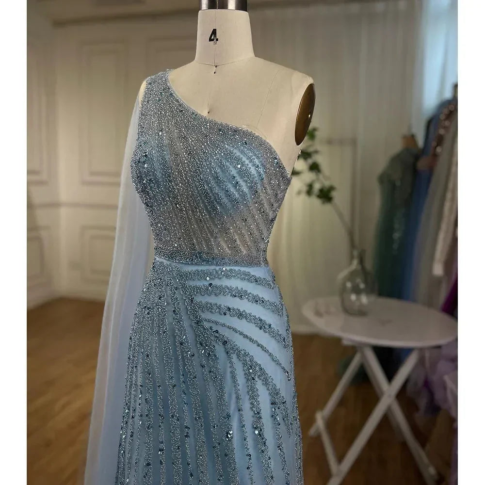 One-Shoulder Cape Sleeve Beaded Evening Dresses