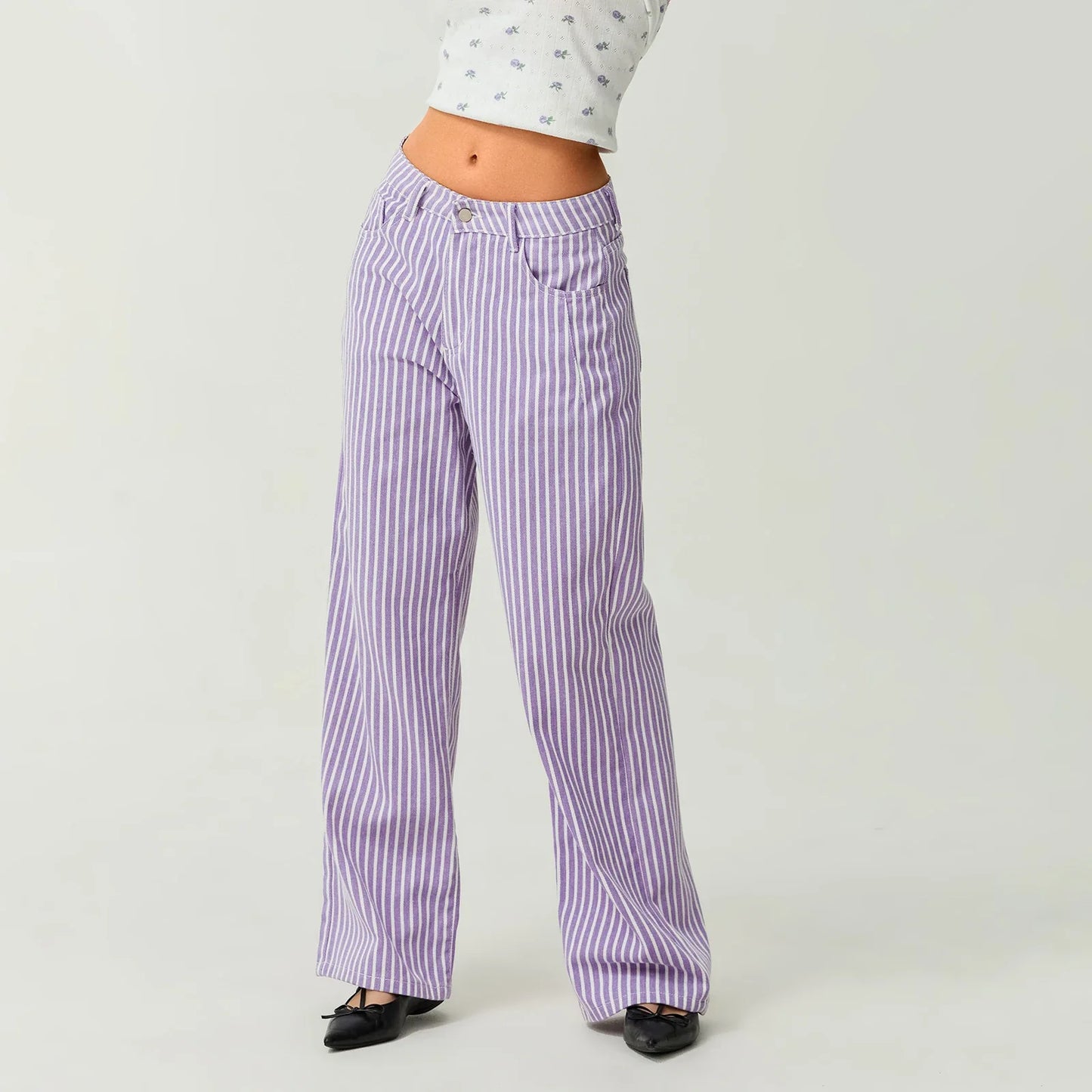 Striped High Rise Wide Denim Pant
