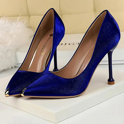 Luxurious Satin High Heel Pumps with Metal Tip Stiletto for Spring Banquets