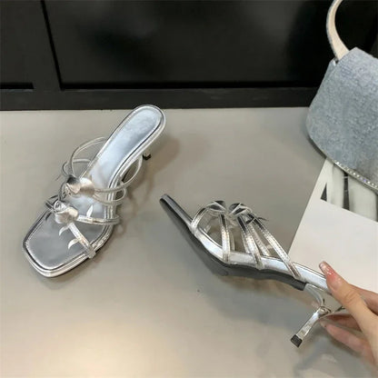 Satin Narrow Band Flower Slipper with Open Toe and Thin Heels