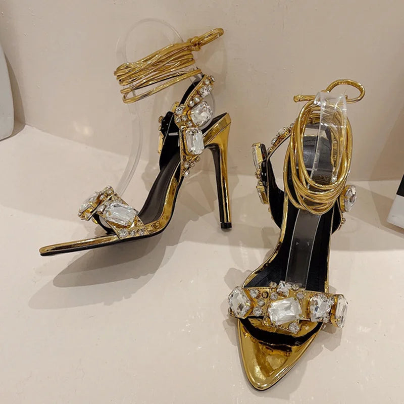Crystal Diamond Pointed Toe Strappy Heels Women 8.5CM Sandals