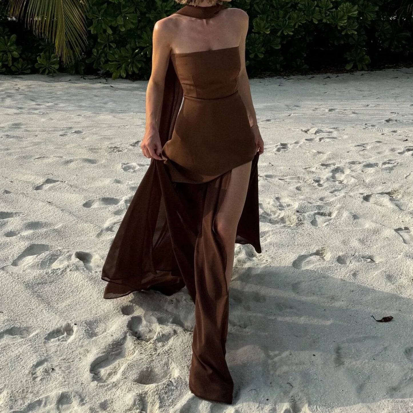 Backless Split Knit Sheer Maxi Dress