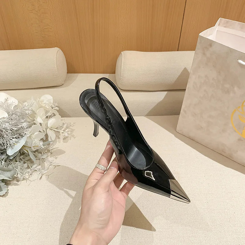 New Metal Black Shallow Mouth Stiletto Strap Women's Spring Sandals
