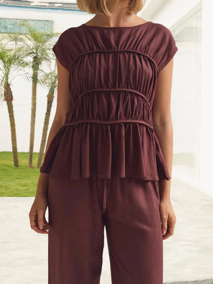 | Ruched Cap Sleeve Peplum Top