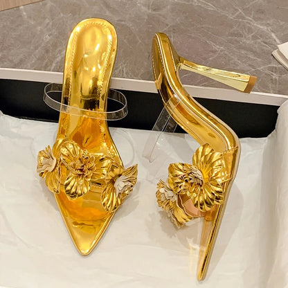 PVC Transparent Flower Pointed Toe Thin Heel Slippers for Summer