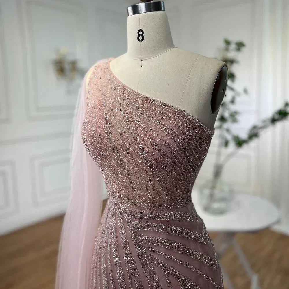 One-Shoulder Cape Sleeve Beaded Evening Dresses