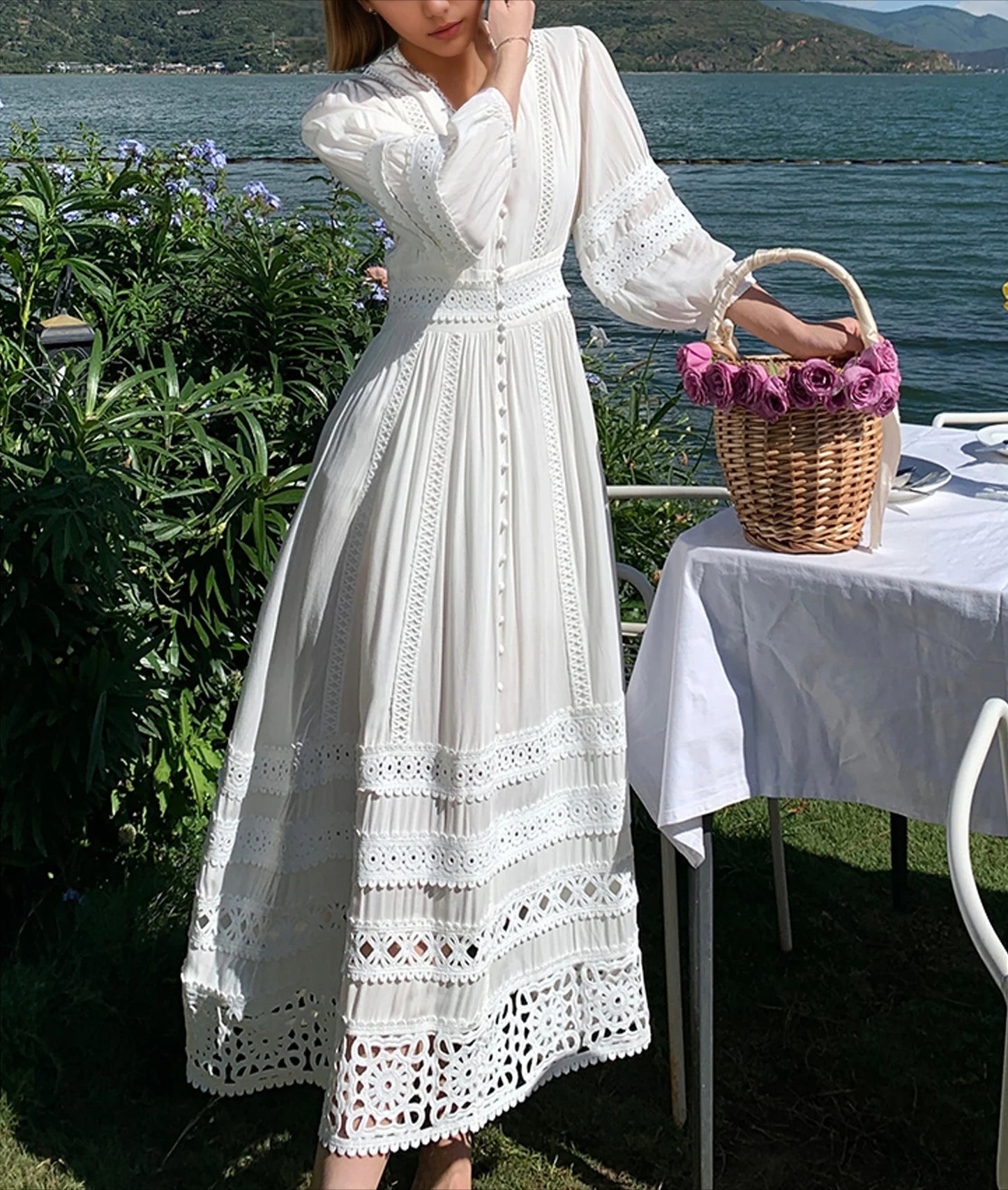 Vintage V-neck Cotton Floral Lace Boho Dress