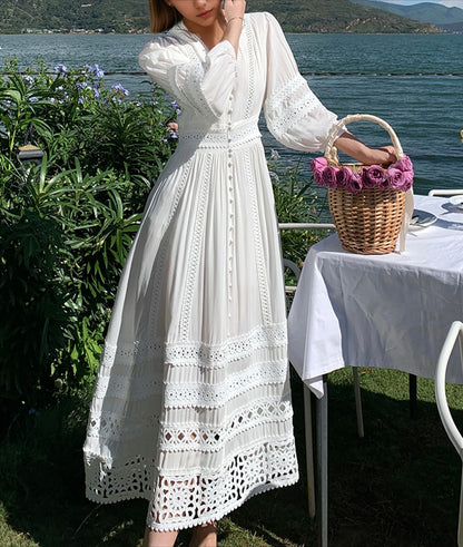 Vintage V-neck Cotton Floral Lace Boho Dress
