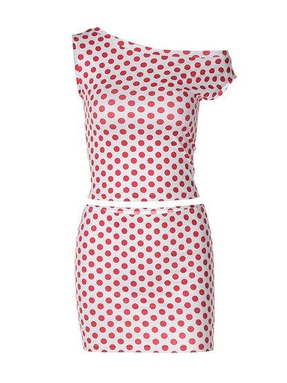 Polka Dot Printed Off One Shoulder Tank Top Mini Skirt Set Women Slash Neck Crop Vest Short Skirt Suit Hottie Y2K Outfit