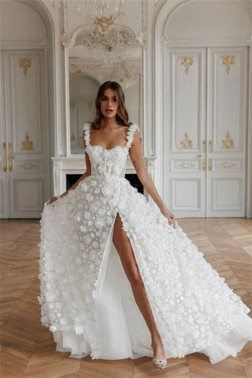 3D Flower Lace-up Back Side High Split Evening Dress