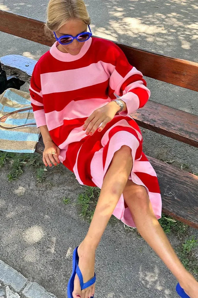 Bold Stripe Mock Neck Long Sleeve Oversized Knit Midi Sweater Dress