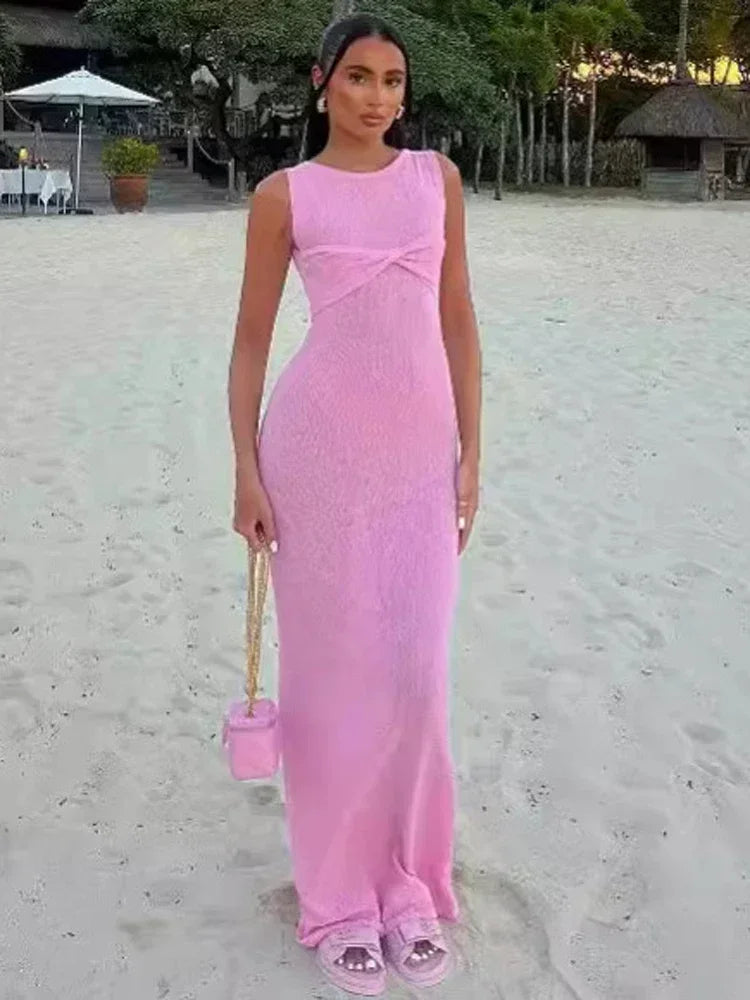 Pleated Wavy Knit Lace Maxi Dress