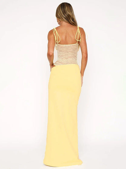 Strapless Slit Ribbon Mesh Maxi Dress