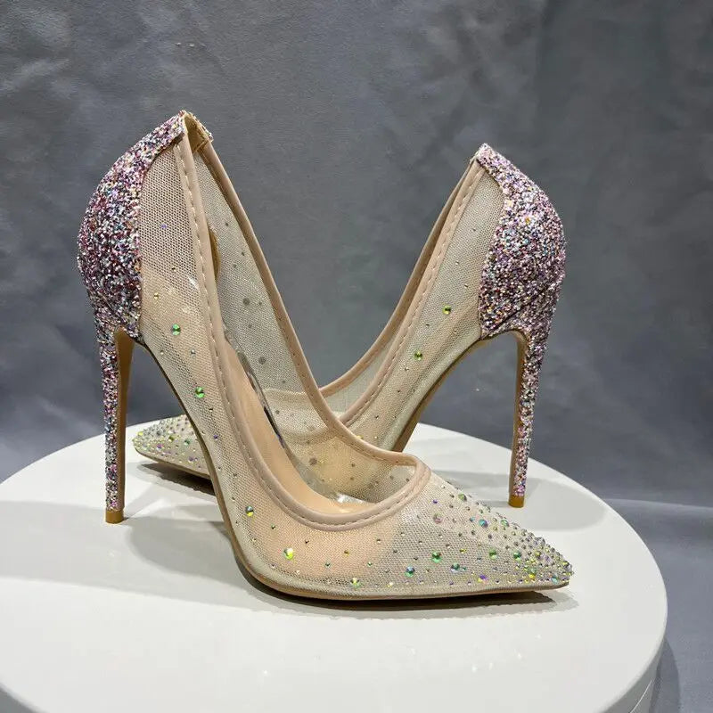 Sequined Gauze Mesh Pointy Toe High Heel Shoes with Glitter